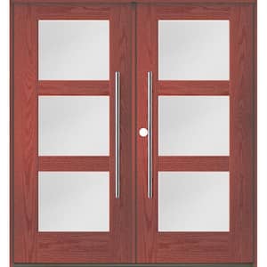Faux Pivot 72 in. x 80 in. Right-Active/Inswing 3-Lite Satin Glass Redwood Stain Double Fiberglass Prehung Front Door