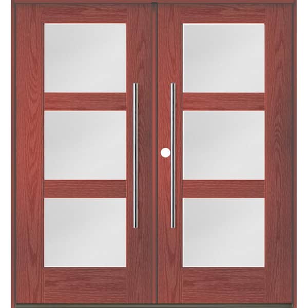 Krosswood Doors Faux Pivot 72 in. x 80 in. Right-Active/Inswing 3-Lite Satin Glass Redwood Stain Double Fiberglass Prehung Front Door
