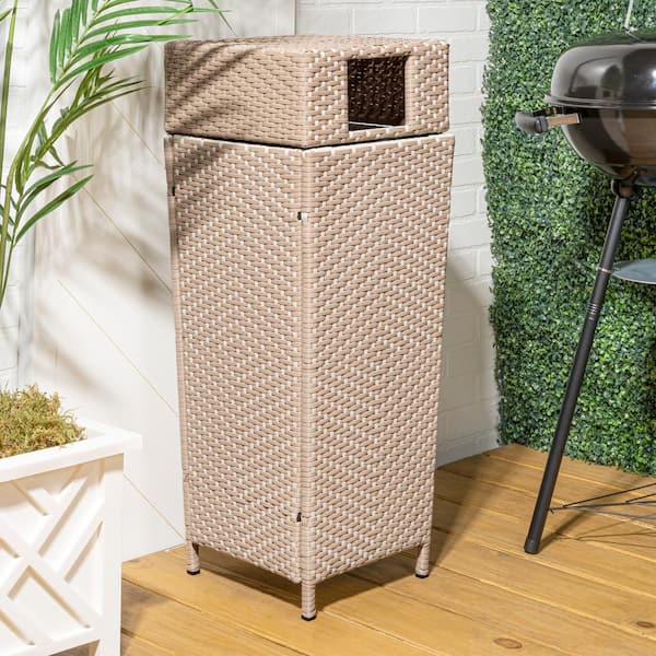 Keaton Modern 24.13-Gal. All-Weather Wicker/Metal Lidded Hideaway Outdoor Trash Can, Light Pink/White