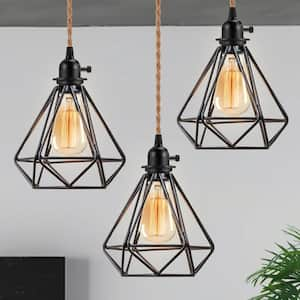 3-Light 60-Watt Black Farmhouse Mini Pendant Light with No Glass Shade and Edison Bulbs