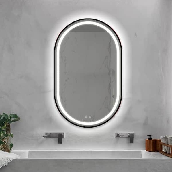 Cesicia 20 in. W x 32 in. H Oval Framed Anti-Fog LED Light Bathroom Vanity Mirror Black, Wall Switch Control