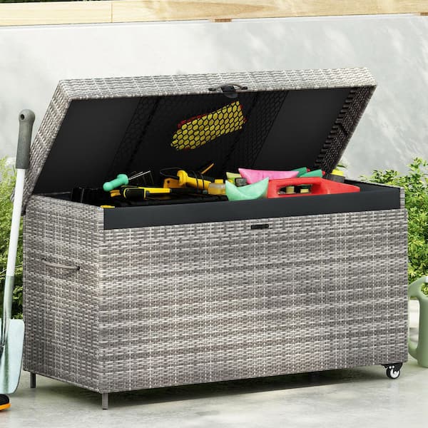 Unbranded 200 Gal. Gray All-Weather Rattan Outdoor Storage Bench Deck Box with Lockable Wheels