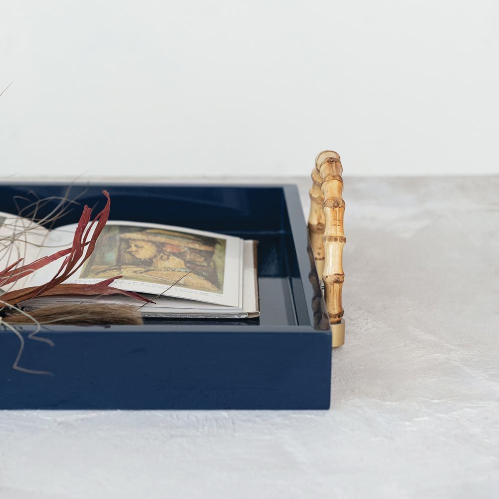 Navy Bamboo and Metal Coastal Serving Tray with Handles
