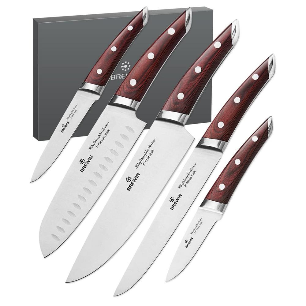 Numhew 5-Piece Stainless Steel Japanese Knife Set with Elegant Red