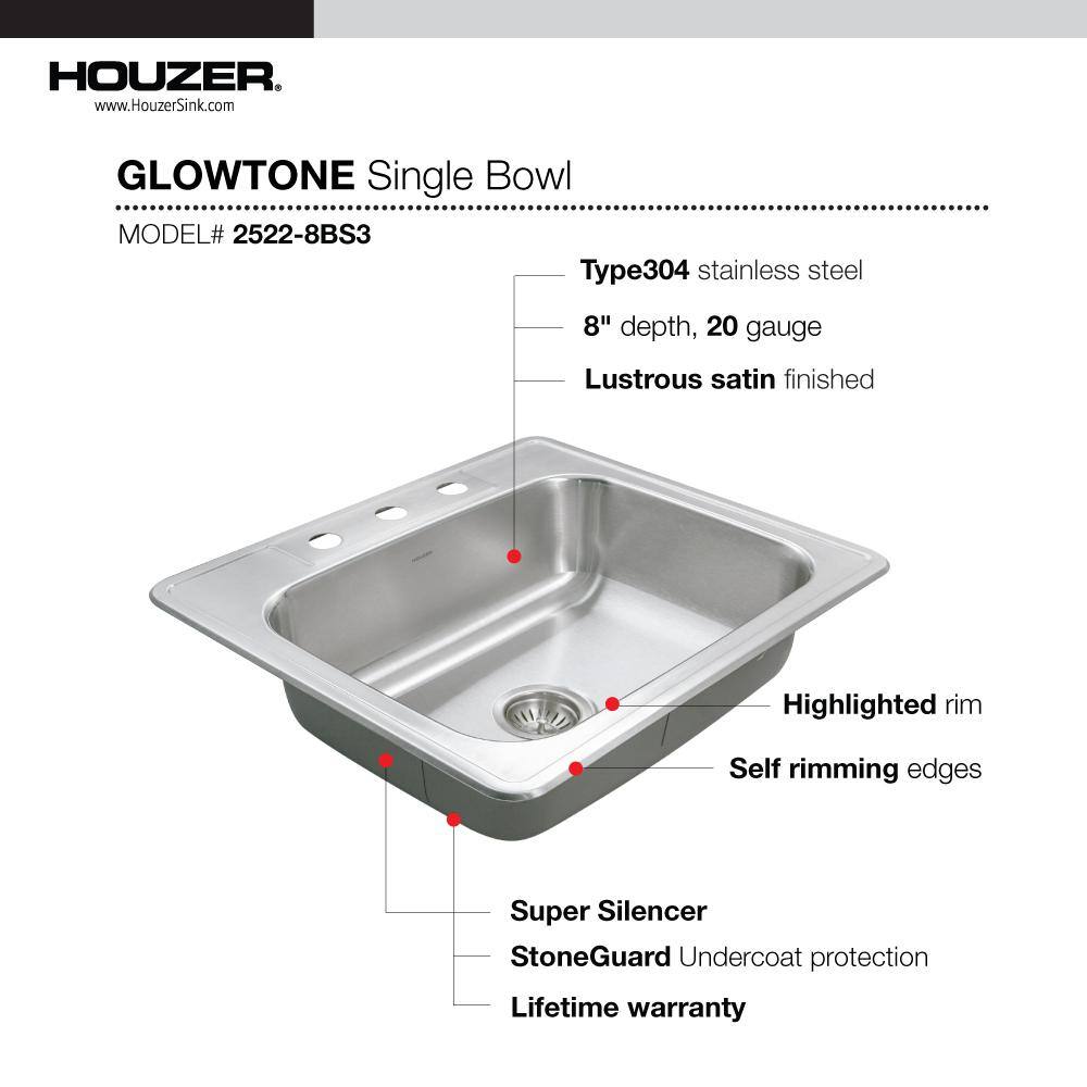 Houzer Stainless Steel Topmount Single Bowl Kitchen Sink