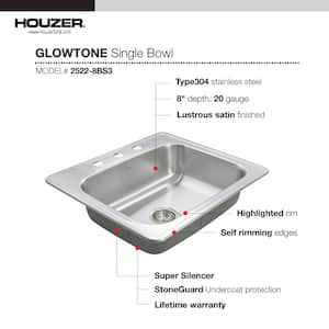 Houzer Glowtone 25 in. Stainless Steel Topmount 3-hole Single Bowl 8 in. Deep Kitchen Sink - 2522-8BS3-1