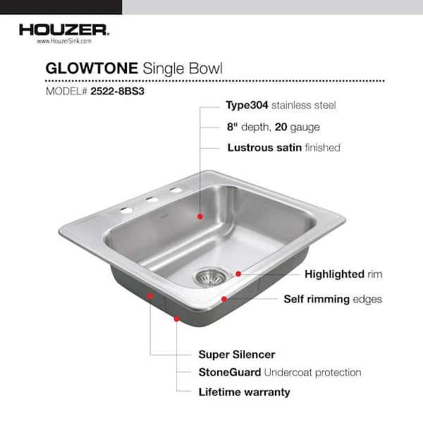 Houzer Glowtone 25 in. Stainless Steel Topmount 3-hole Single Bowl 8 in. Deep Kitchen Sink - 2522-8BS3-1