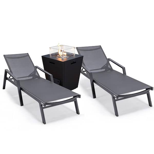 Leisuremod Marlin Modern Black Aluminum Outdoor Chaise Lounge Chair With Arms Set of 2 and Fire Pit Table, Black