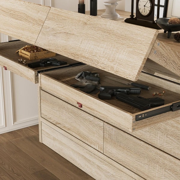 Light Oak Finish 7-Drawer 55.1 in. Chest of Drawers with Hidden Gun Compartment and Foot-Activated Bottom Drawer