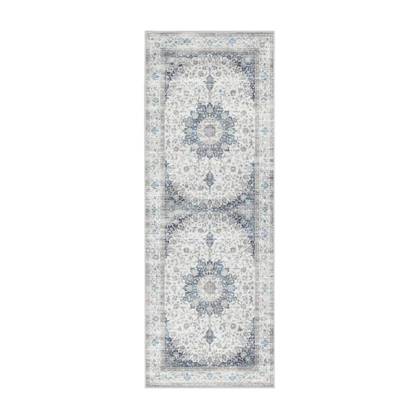 Vespera Medallion Silver 2.5 ft. x 7 ft. Traditional Machine Washable Non-Slip Runner Rug