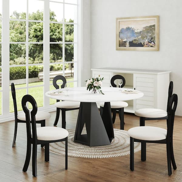 Magic Home 59 in. White Round Sintered Stone Tabletop Black Pedestal Base Kitchen Dining Table (Seats-8)