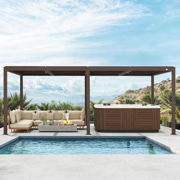 14 ft. x 20 ft. Bronze Aluminum Frame Patio Hardtop Louvered Pergola with Adjustable Sunshade Roofs and In-Built Gutter