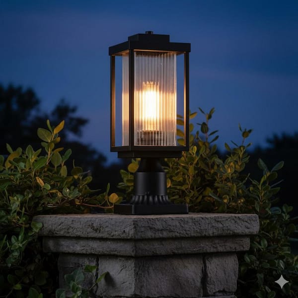 1-Light Black Metal Outdoor Waterproof Post Light Set with Striped Clear Glass and Base Adaptor with No Bulbs Included