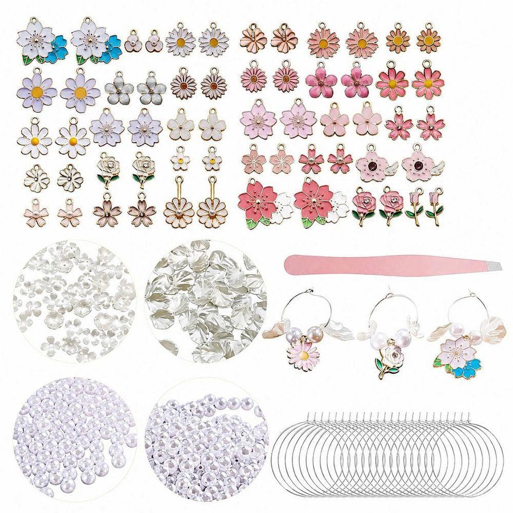 50-Piece Floral Wine Glass Charm Set with Zinc Alloy Flower Pendants, Pearl Beads and Tweezers