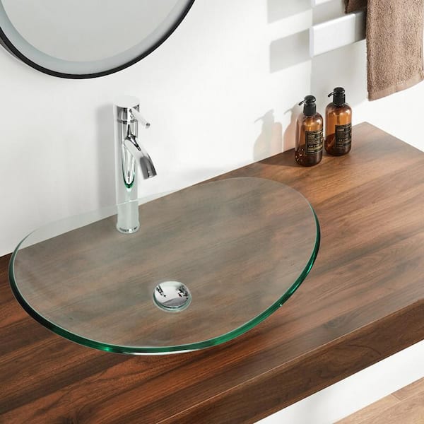Flynama Solid Tempered Glass Oval Bathroom Vessel Sink in Clear with Chrome Faucet and Pop-Up Drain