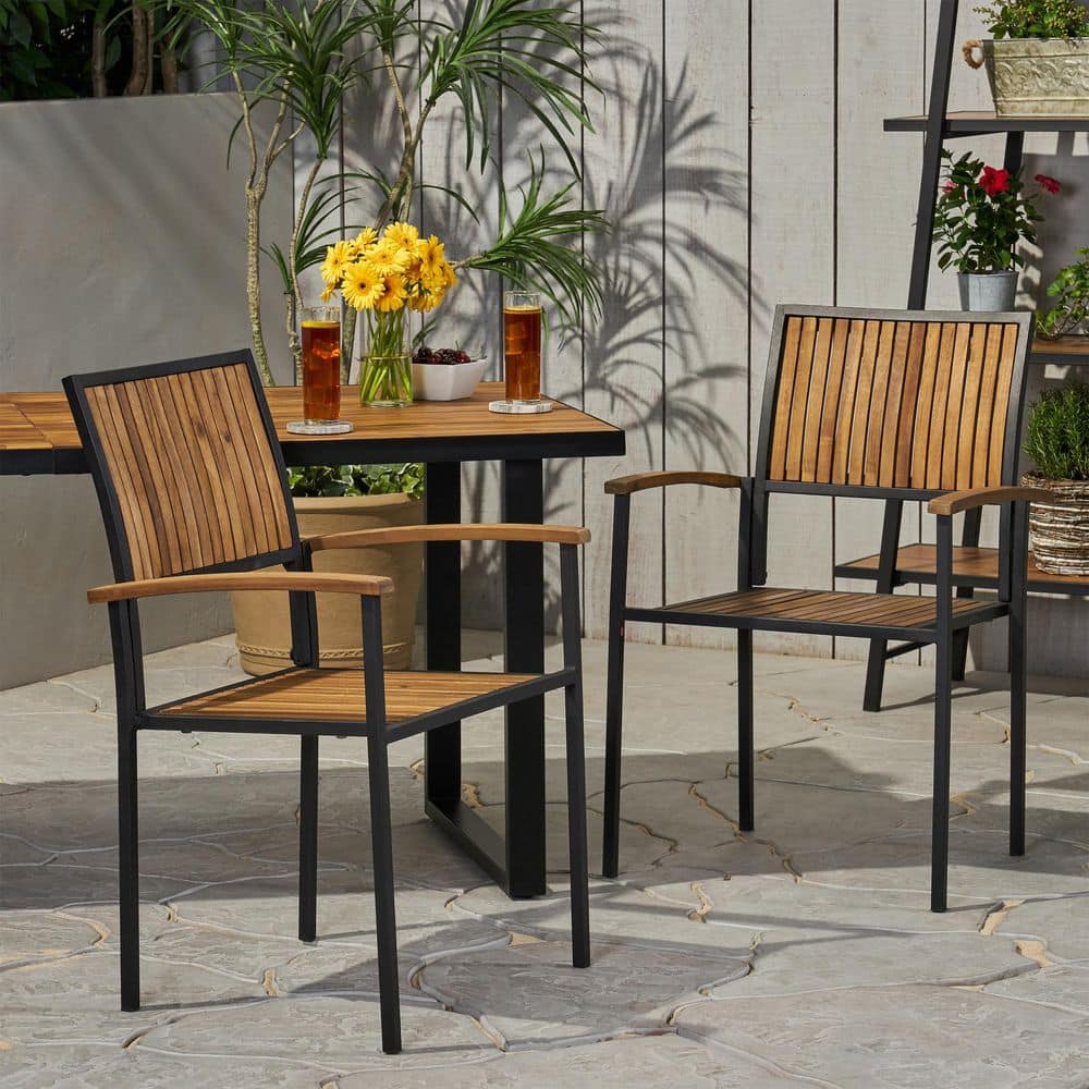 Modern Industrial Atyle Teak and Black Acacia Wood & Metal Outdoor Dining C