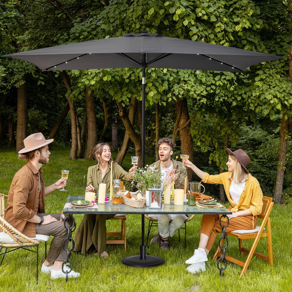 Gray Rectangular Steel Solar LED Patio Umbrella with Hand Crank