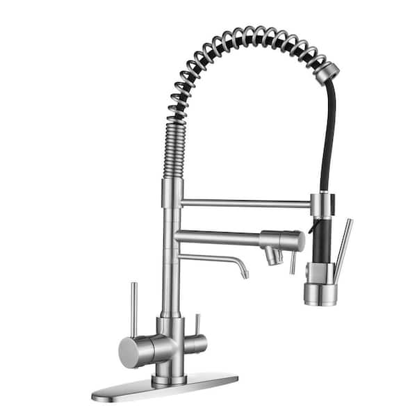 22.3 in. Double Handle Pull Down Sprayer Kitchen Faucet with Drinking Water and 360° Spout Swivel in Brushed Nickel