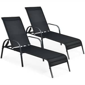 2-Piece Metal Patio Outdoor Chaise Lounge with Adjustable Reclining Armrest and Black Fabric