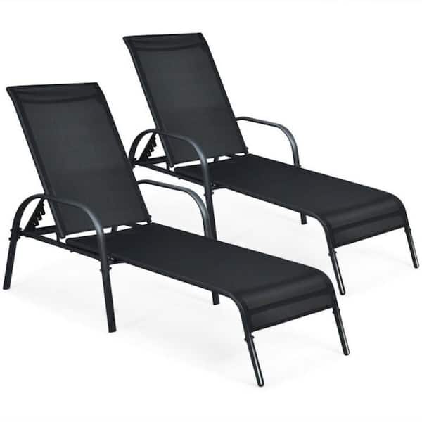 Clihome 2-Piece Metal Patio Outdoor Chaise Lounge with Adjustable Reclining Armrest and Black Fabric