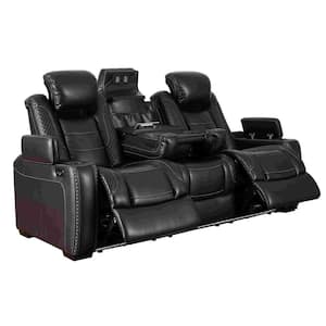 Black Faux Leather Power Recliner Sofa with Adjustable Headrest and LED Lightning