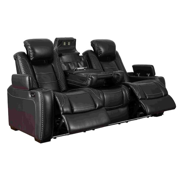 Black Faux Leather Power Recliner Sofa with Adjustable Headrest and LED Lightning