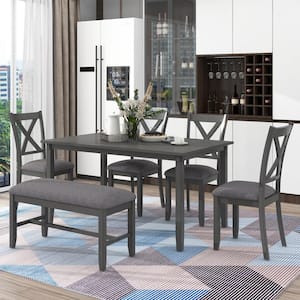 Gray 6-Piece Kitchen Dining Table Set Wooden Rectangular Dining Table 4 Fabric Chairs and Bench for Family