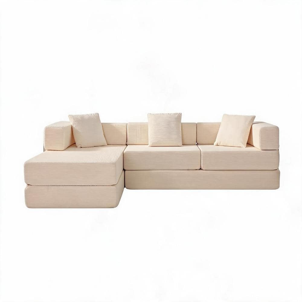 Modular 108 in. Sectional Sofa with L-Shape Chaise White Corduroy No Assembly Required durable construction