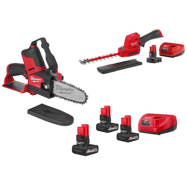 M12 FUEL 6 in. 12V Lithium-Ion Brushless Cordless Battery Mini Chainsaw HATCHET w/ M12 Hedge Trimmer, (3) M12 Batteries
