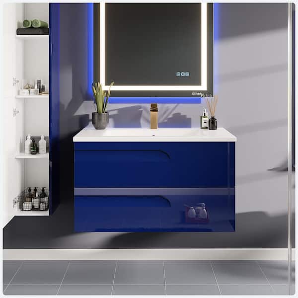 Eviva Joyous 39 in. W x 18 in. D x 22.5 in. H Floating Single Sink Bath Vanity in Blue with White Porcelain Top