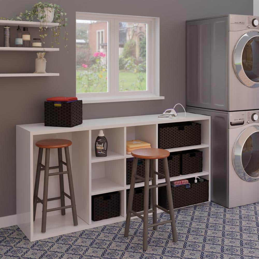 Transitional Gray and Teak Wood Backless Bar Stools, 29" Height