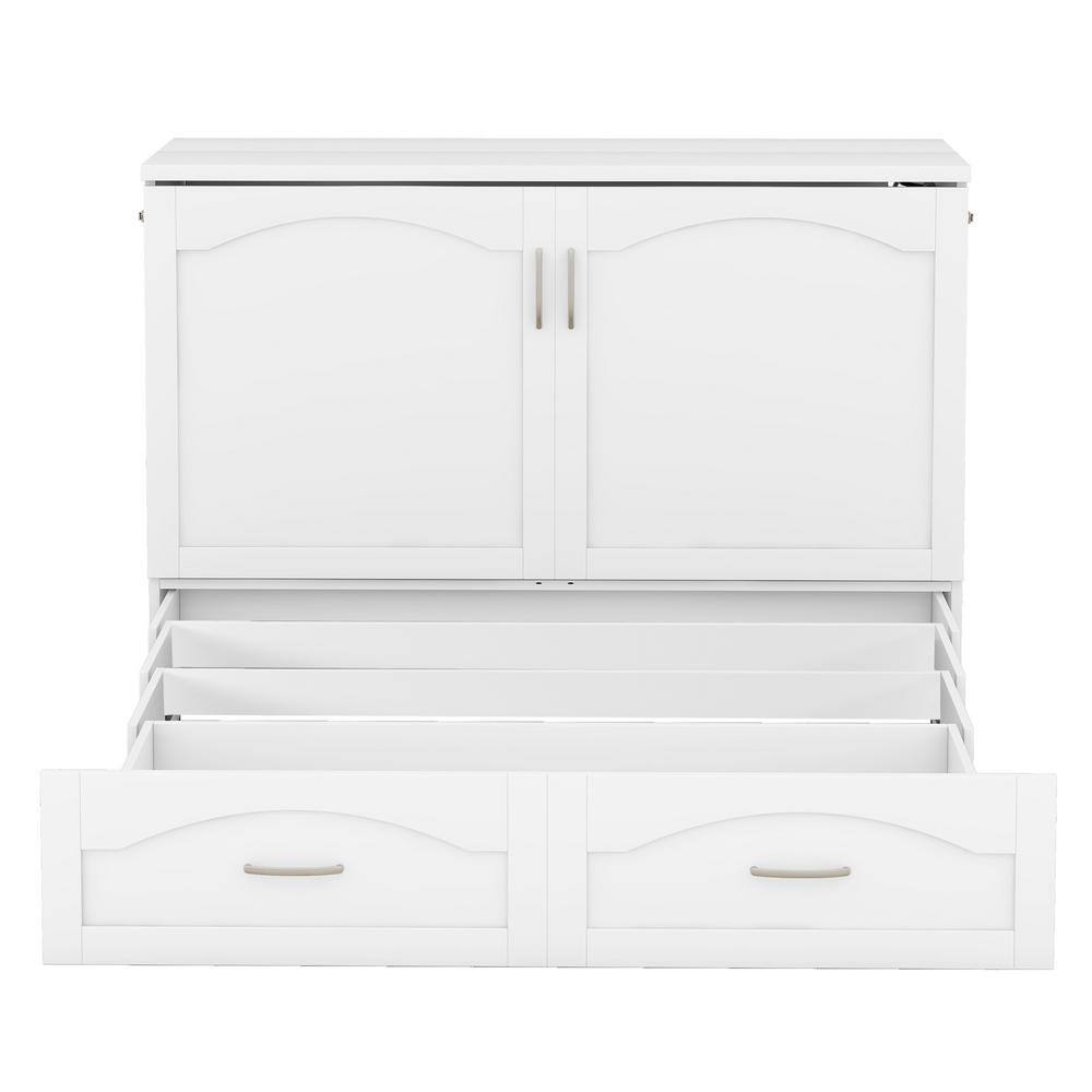 White Wood Frame Queen Size Murphy Bed with Built-in Charging Station, Pulleys and Sliding Rails Design, 2-Drawer - thumbnail 4