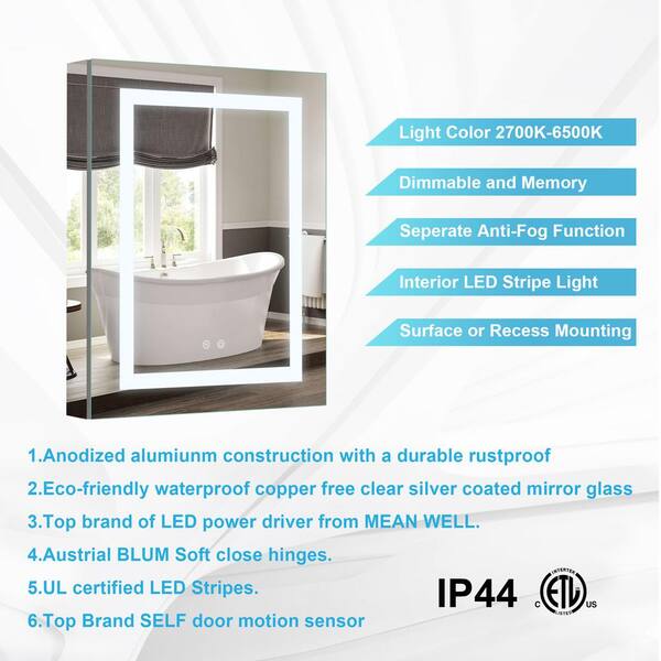 Forclover 24-in x 32-in Lighted LED Fog Free Surface/Recessed Mount Silver Mirrored Soft Close Medicine Cabinet with Outlet