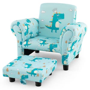 Blue Kids Upholstered Sofa w/Cute Patterns Footstool Ergonomic Backrest Armrests