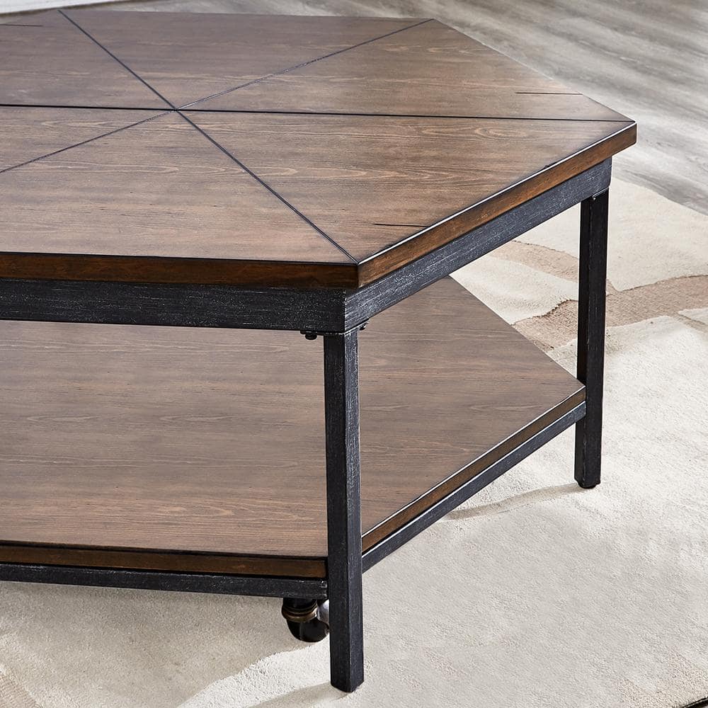 Hexagonal Medium Wood and Iron Lift-Top Coffee Table