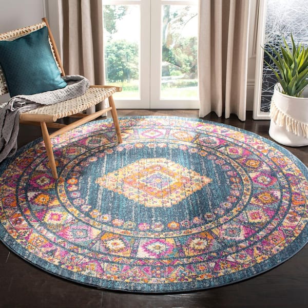 Madison Blue/Fuchsia 5 ft. x 5 ft. Round Border Area Rug