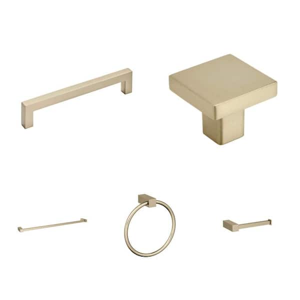 Monument Golden Champagne Pull (5-1/16 in.), Knob (1-3/16 in.), Towel Bar (24 in.), Ring (6-1/2 in.) and Holder