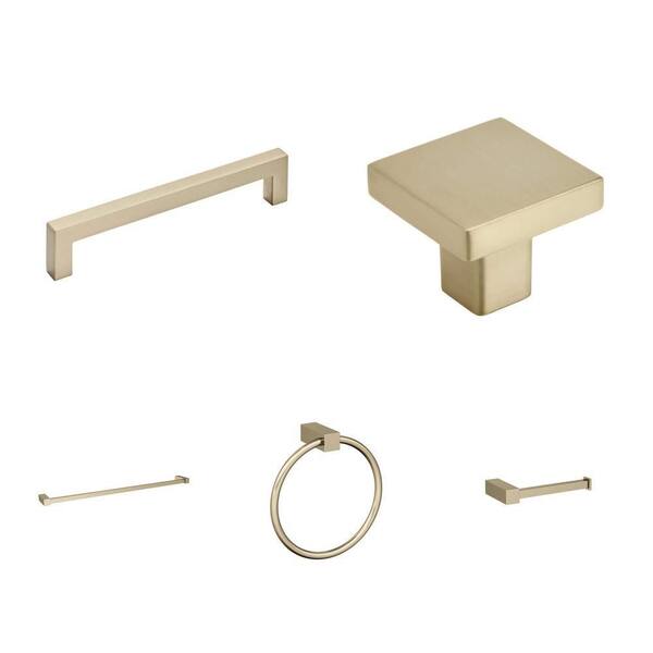 Monument Golden Champagne Hardware Set: 5-1/16 in. Pull, 1-3/16 in. Knob, 24 in. Towel Bar, Towel Ring and TP Holder