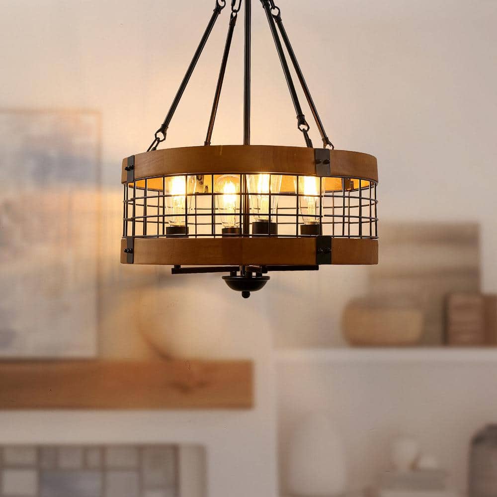 YANSUN 17 in. 4-Light Black and Brown Farmhouse Chandelier Pendant
