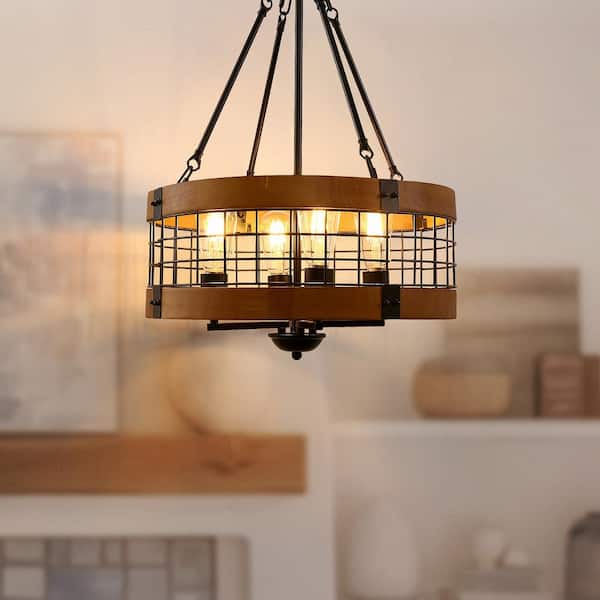17 in. 4-Light Black and Brown Farmhouse Chandelier Pendant for Dining Room, Kitchen Island, Entryway or Foyer Lighting