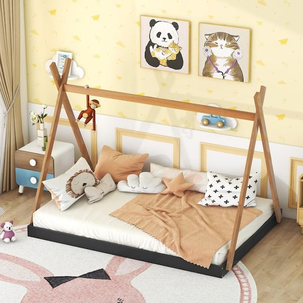 Natural Wood Frame Full Size Platform Bed with Tent Structure