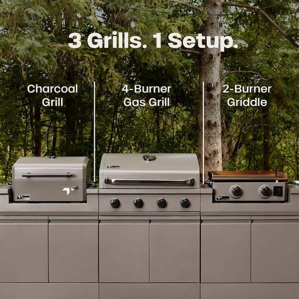 Modular 4-Burner Gas Grill, Charcoal Grill with Cart and 2-Burner Gas Griddle with Cart in Gray