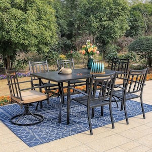 Black 7-Piece Metal Patio Outdoor Dining Set with Slat Rectangle Table and Fashion Chairs