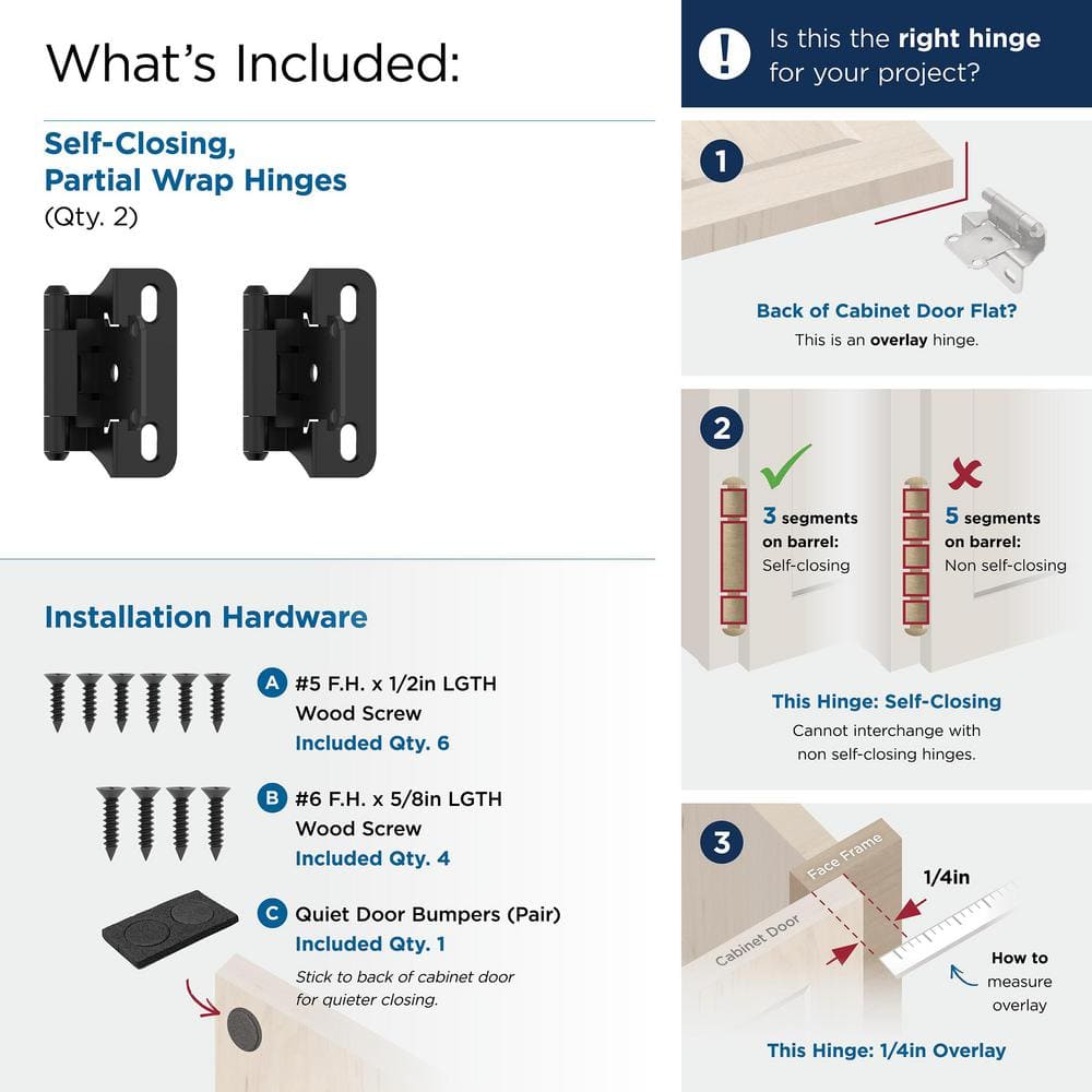 Matte Black 1/4 Inch Overlay Self-Closing Cabinet Hinge