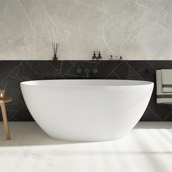 MEDUNJESS Eaton 55 in. x 29.5 in. Stone Resin Solid Surface Matte Flatbottom Freestanding Soaking Bathtub in White