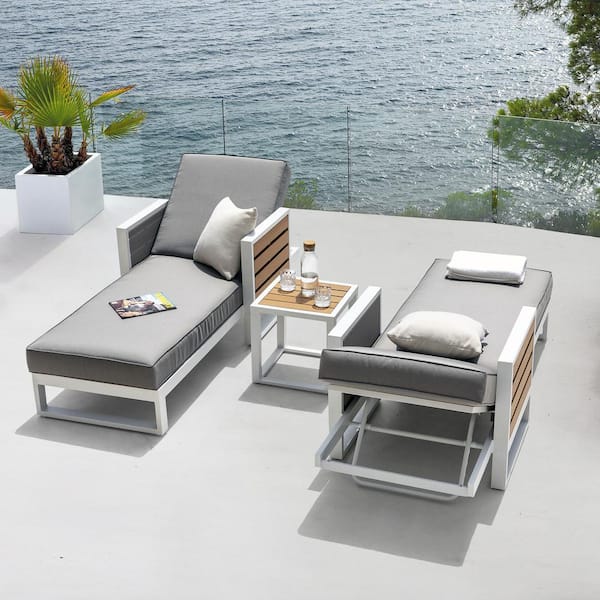 Nuu Garden White 3-Piece Gray Aluminum Patio Conversation Seating Set with Cushions, Imitation Wood, Polyester Fabric