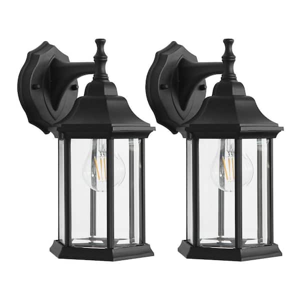 1-Light Black Outdoor Hardwired Doorway Wall Lantern with Light LED Bulbs (2-Pack)