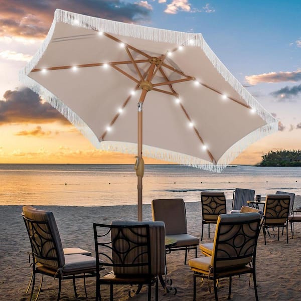 7.5 ft. Outdoor Patio Beach Umbrella with Tassel And LED Light in Khaki