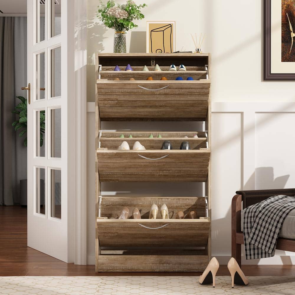 Brown Wood Grain 3-Tier Shoe Storage Rack with Metal Handles