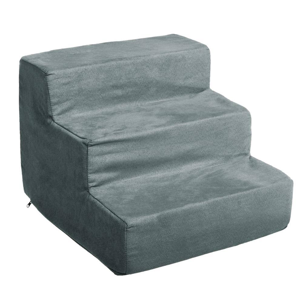 Gray 3-Step Foam Pet Stairs with Microfiber Cover